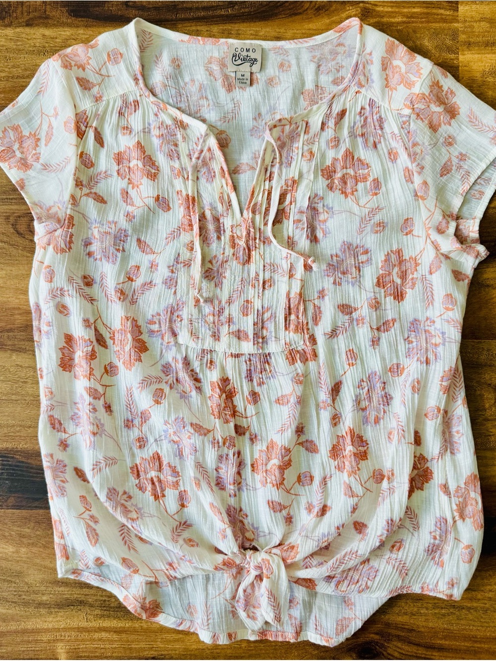 Como Vintage White Blouse with Peach Floral Tie-Front Size M